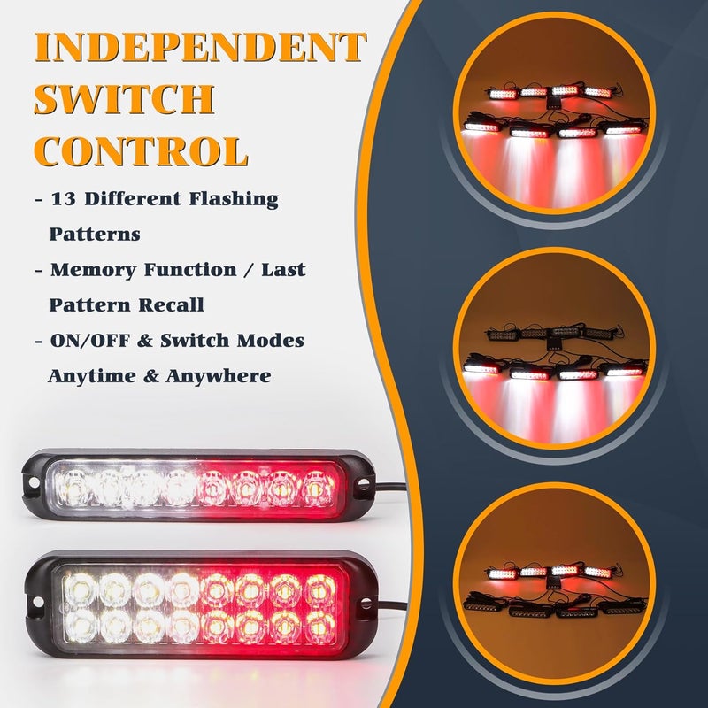 V-SEK 8PCS 96 LED Red White Strobe Lights Kit Sync Feature Ultra Slim Emergency Hazard Warning Flashing Caution Surface Mount for Construction Trucks Vehicles ATV RV Cars Waterproof - Image 2